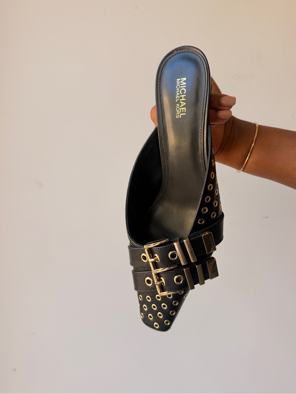 MICHAEL Michael Kors Black Leather Studded Buckle Mules - Picture 3 of 10